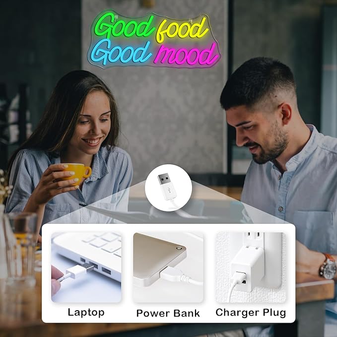 Looklight Good Food Good Mood Neon Sign Letter Neon Signs for Wall Decor Colorful Led Lights for Kitchen Fast Food Shop Cafe Restaurant Store Snack Shop Room Decorations Gifts