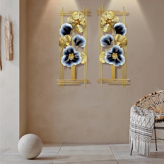 Metal 3D Wall Art Decor 2 Pcs 34" x 15" Wall Decor Handmade Golden Ginkgo Leaf Blue Flower Hanging Home Decor Wall Sculpture Modern for Living Room, Bedroom, Dining Room, Office and Hotel Large