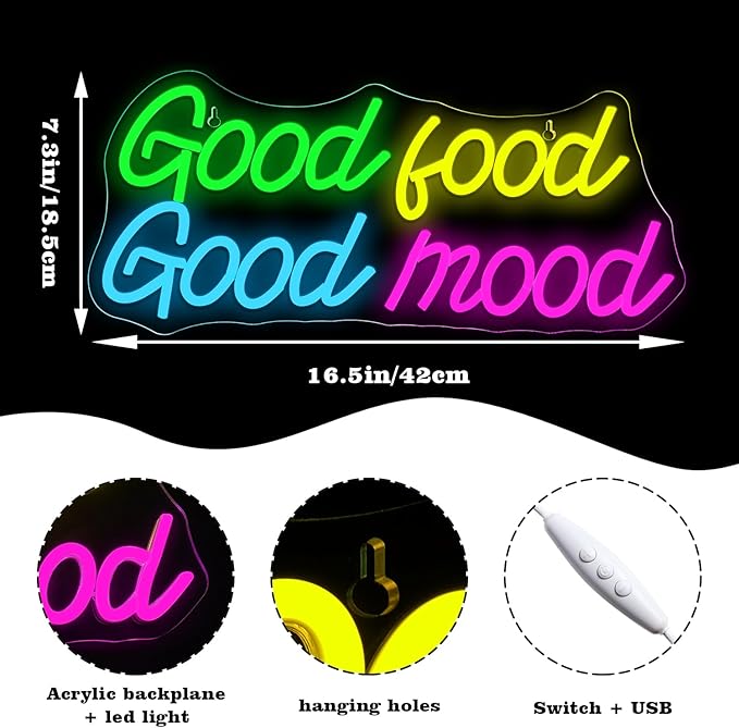 Looklight Good Food Good Mood Neon Sign Letter Neon Signs for Wall Decor Colorful Led Lights for Kitchen Fast Food Shop Cafe Restaurant Store Snack Shop Room Decorations Gifts