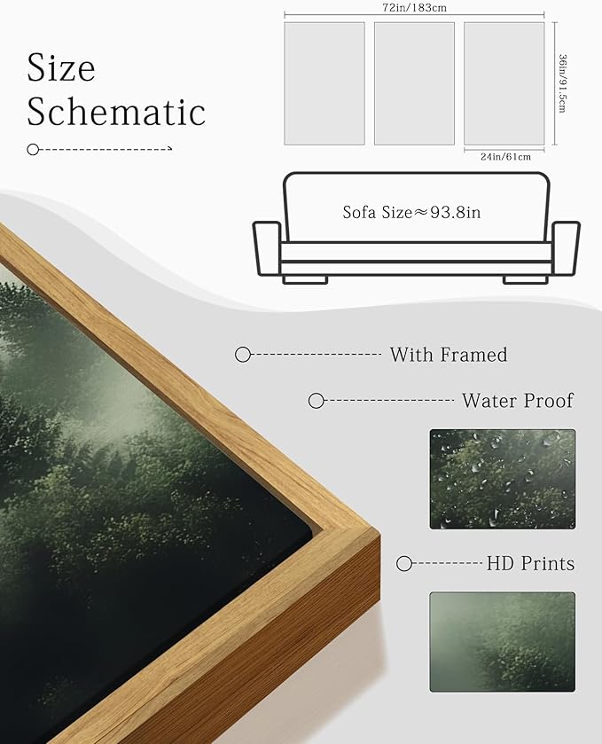 KUVIOKE Green Fog Pine Tree Framed Wall Art Nature Nordic Forests Artwork Morden Painting Home Decor 24x36in (Natural Framed)