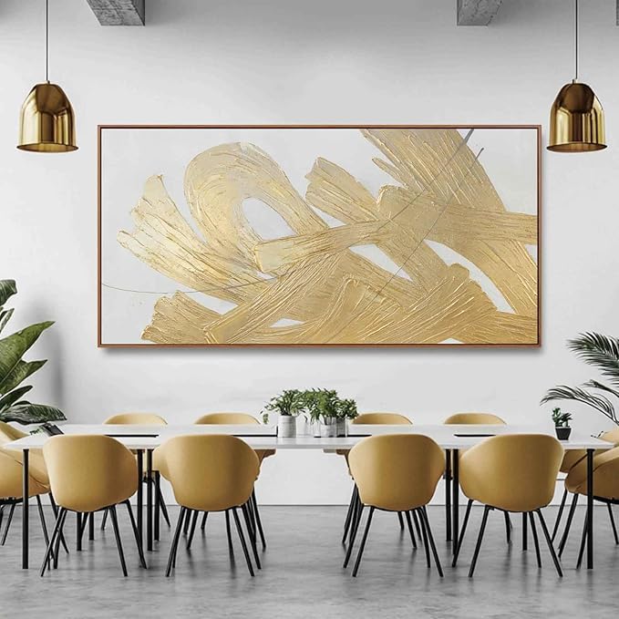 Large Gold Wall Art Abstract Canvas Wall Decor Framed Arts Pictures Modern Artwork Hand Drawn Paintings 36"x70"