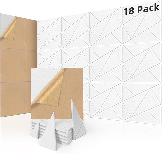 Art3dwallpanels 18 Pack Acoustic Panels 12" X 12" Soundproof Wall Panels Sound Dampening, 3D Self Adhesive Wall Decor Peel and Stick Absorbing Panels, White