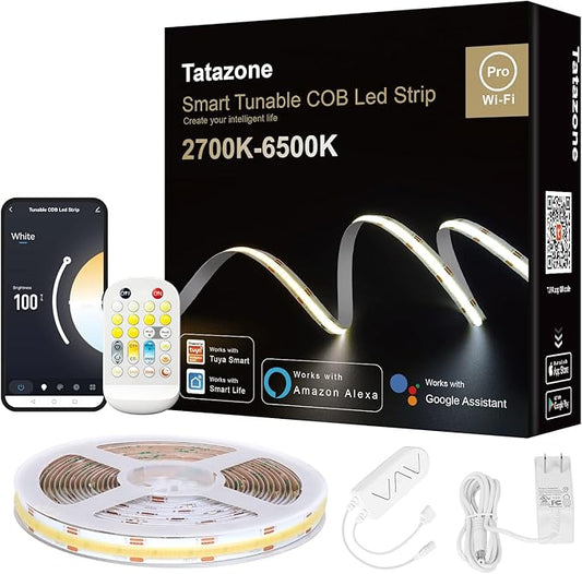 16.4ft Tunable White Smart COB Led Strip Light Kit, CCT 2700K-6500K Bright COB Led Tape Light Compatible with Alexa and Google, Dimmable Indoor COB Led Ribbon for Kitchen Cabinet, Room, TV