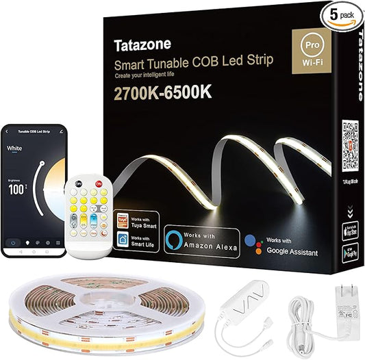 9.84ft Tunable White Smart COB Led Strip Light Kit, CCT 2700K-6500K Bright COB Led Tape Light Compatible with Alexa and Google, Dimmable Indoor COB Led Ribbon for Kitchen Cabinet, Room, TV