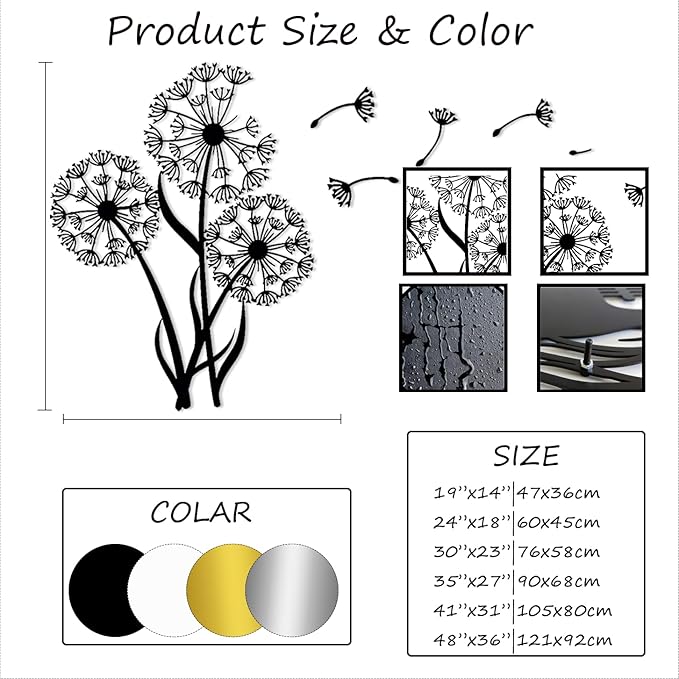 Metal Dandelion Modern Abstract Wall Sculpture, Home Decor for Living Room, Bedroom, Bathroom, Kitchen (24'x18'|60x45cm, Gold)