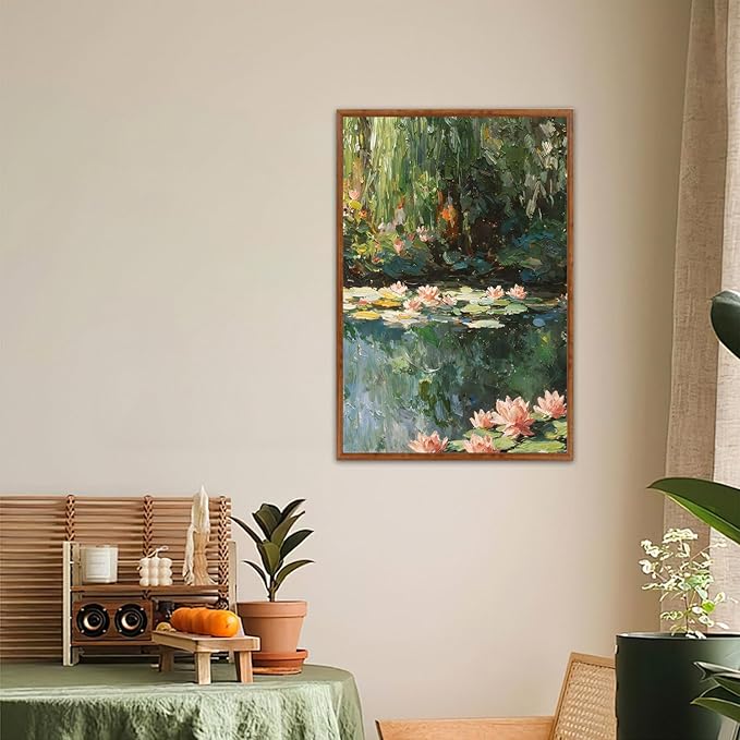 LHIUEM Monet Water Lilies Floral Framed Canvas Wall Art Set,Vintage Impressionist Botanical Wall Decor,Oil Paintings Style Flowers Artwork for Living Room,Bedroom,Dining Room,Office -16"x24"x3