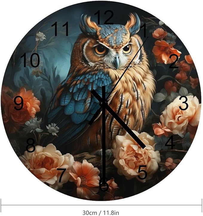 Owl-Themed Round Wall Clock, Rose Retro Art Style for Those Who Stay Up Late, Watercolor Cartoon Owl Handsome, Wooden Silent Wall Clock for The Bedroom 12x12INCH