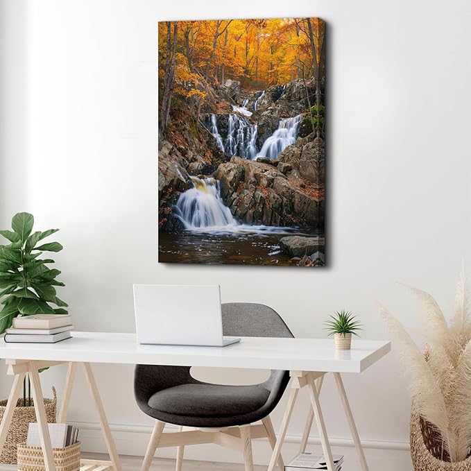 Autumn Orange Forest Wall Art Nature Waterfall Wall Decor Forest River Landscape Picture National Park Posters Rustic Trees Canvas Painting Artwork for Bathroom Living Room Home Decoration 32x48"