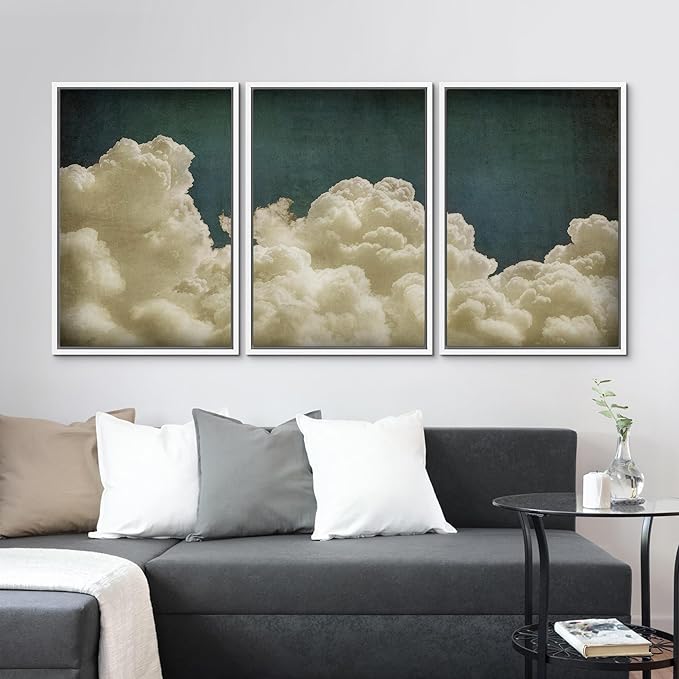 MUDECOR Framed Wall Art Print Set Vintage Cloudscape Dreamy Cotton Clouds Illustrations Modern Art Decorative Colorful Chic for Living Room, Bedroom, Office - 16"x24"x3 White