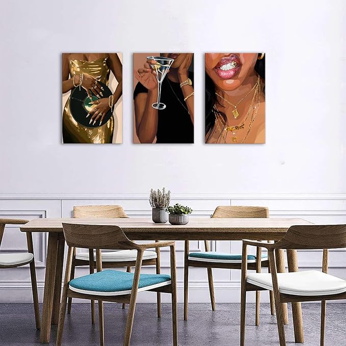 Large Abstract Black Girl Wall Art Living Room Decor Boho Trendy Woman Framed Canvas Vintage Fashion Female Poster Prints Modern Aesthetic Painting Picture for Bathroom Interior Decoration 24x36 3Pcs