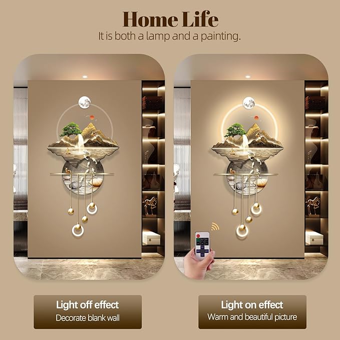 LED Light Decor Wall Art, 3D Art Wall Decor with Light, Decors Walls Sculptures Large 3D Art, Decors Walls Sculptures Lighting Modern, Plug-in Power Supply, Gold A, 23x53in