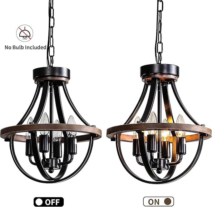 Chandeliers，Farmhouse Ceiling Chandelier Wood Black Modern Rustic Hanging Pendant Light Fixture with Chain for Dining Room Living Room Entryway Kitchen Island Bedroom Foyer Lighting（4-Light）