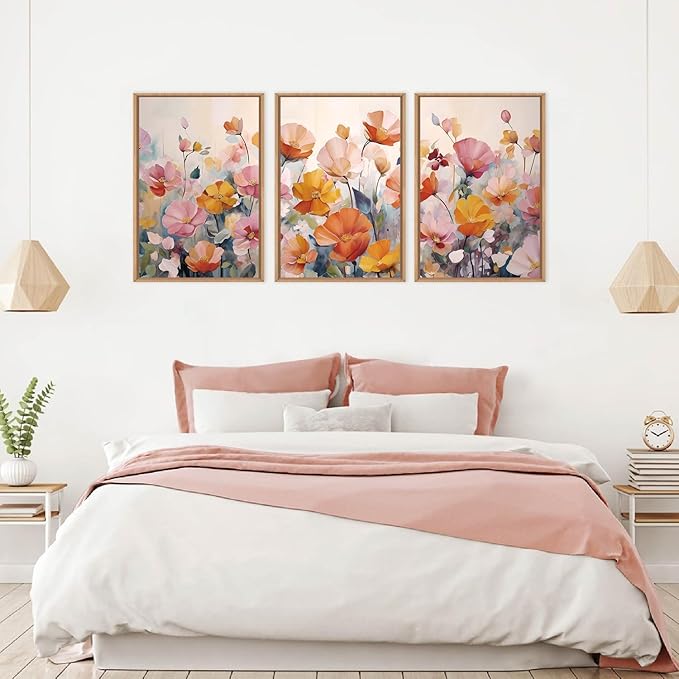 Nature Pink Floral Framed Canvas Wall Art Set,Boho Colorful Wildflowers Botanical Wall Decor, Modern Aesthetic Bohemian Flowers Art Print for Living Room,Bedroom-24 x36 x3