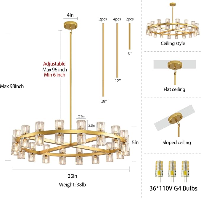 36" K9 Crystal Chandeliers, Gold Round Chandelier for Dining Room, Living Room, Dining Chandelier Over Table, Sutable for Bedroom,Foyer, Entryway, Stairs, Kitchen Includes Bulbs