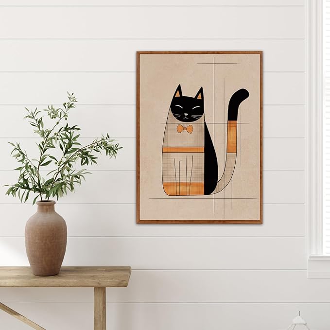 LHIUEM Boho Black Cats Wall Decor Vintage Cat Pictures Wall Art Set of 3(12”X16”) Whimsical Kitten Canvas Paintings Abstract Kitty Framed Art Gift Minimalist Bow Cat Posters for Room Office Aesthetic