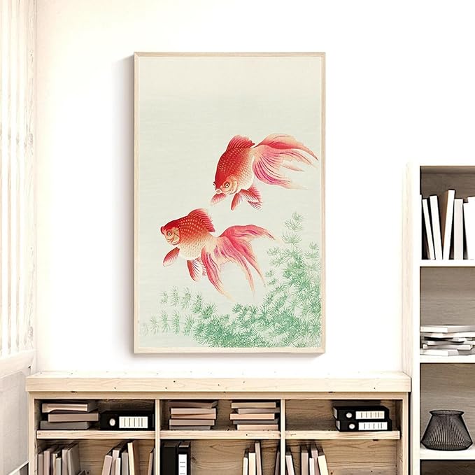 OZCONO Japanese Goldfish Wall Art Print, Vintage Ukiyo-e Style Woodblock Poster, Gold Fish Home Decor (30L x 20W)