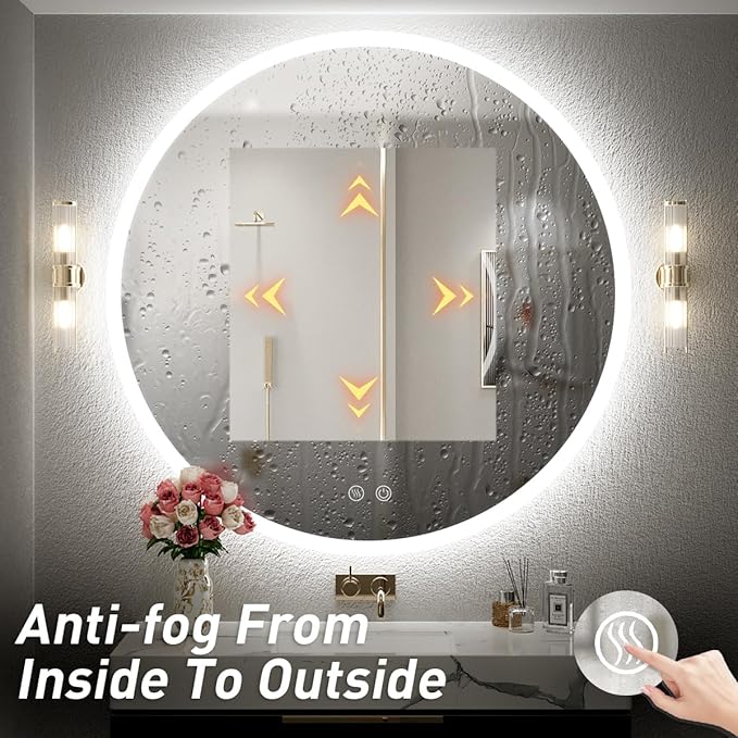 32 Inch Round LED Bathroom Mirror - 6000K Daylight Backlit, Anti-Fog & Dimmable, Frameless Waterproof Mirror with Touch Control, CRI90+, IP54 for Vanity & Makeup