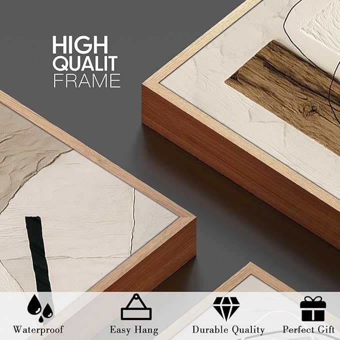 Large Abstract Paintings Framed Neutral Canvas Prints Mid Century Modern Wall Art for Living Room Bedroom Bathroom 36x24 Inch 3 Piece