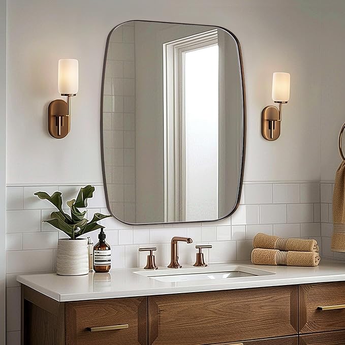 ANDY STAR Brushed Bronze Bathroom Mirror, 30x36 Oblong Mirror with Stainless Steel Metal Frame, Oval Vanity Mirror for Over Sink, Modern Anti Rust Wall Mounted
