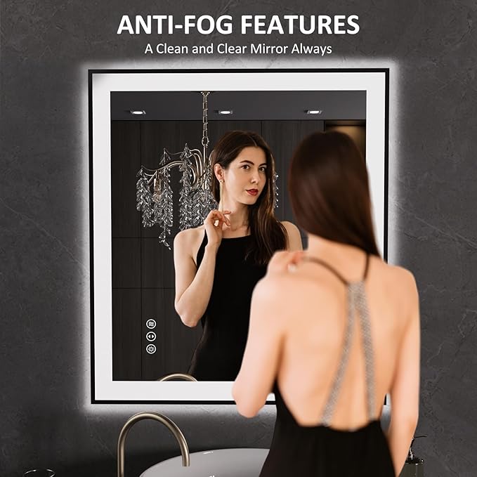 LOAAO 32"X36" LED Bathroom Mirror Black Framed, Anti-Fog, Dimmable, Lighted Bathroom Vanity Mirror for Wall, Memory Function, Tempered Glass