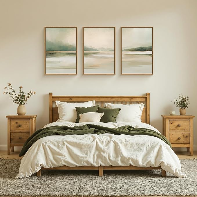Large Abstract Sage Green Pastel Framed Canvas Wall Art Set,Minimalist Neutral Landscape Wall Decor,Modern Watercolor Mountain Lake Artwork for Living Room,Bedroom-16 x24 x3