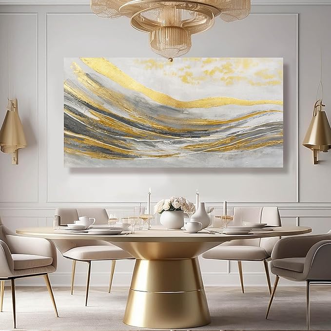 Abstract Wall Decorations Line Wall Art Prints Grey and Gold Canvas Wall Pictures 24"x48" Large Artwork for Living Room Office Decor