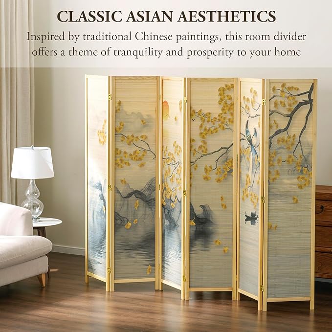 MyGift 6 Panel Large Bamboo Room Divider with Dual Sided Asian Birds Gingko Biloba Tree Sunset Design Print, 6FT Freestanding Artwork Privacy Partition Folding Screen with Beige Solid Wood Frame