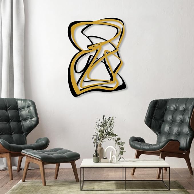 Black with Gold Abstract Metal Wall Art, Geometric Abstract Metal Wall Decor, Black and Gold Wall Decor, Modern Line Art Sculpture for Living Room,Luxury Wall Sign