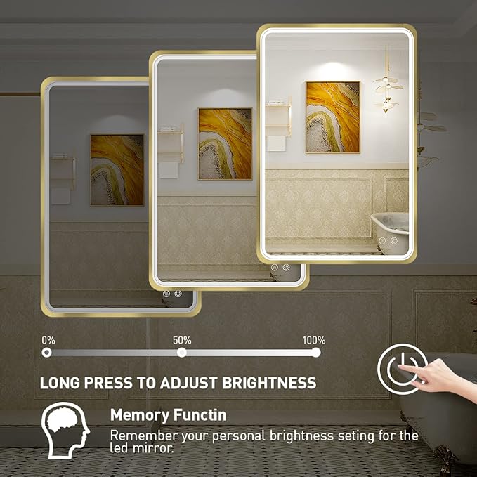 24x36 Inch LED Bathroom Vanity Mirror with lights,Wall Mounted Lighted Mirrors with Non-Rusting Gold Metal Frame Anti-Fog Memory Funtion Stepless Dimmable for Bathroom Decor(Horizontal&Vertical)