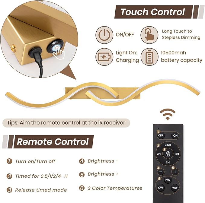 Battery Operated Wall Sconces, Rechargeable Wall Sconces, 3000K-6500K LED Wireless Wall Light, Modern Wall Lamp not Hardwired for Living Room Bedroom Hallway (Gold)