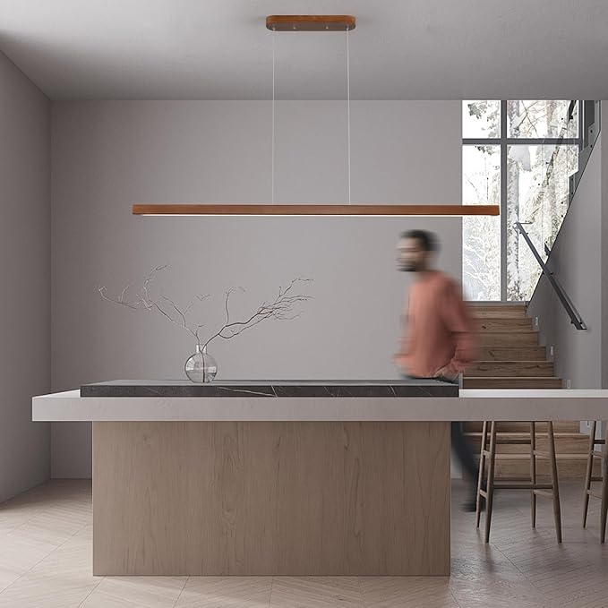 71" Wood Linear Pendant Light Modern LED Dimmable Ceiling Hanging Light Fixtures Wood Linear Chandeliers 40w for Dining Room Kitchen Island Pool Table Bar Walnut Color