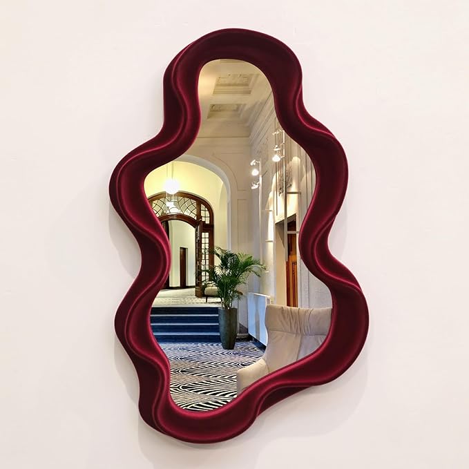 Mirror Wall Decor for Home Office Apartment, Asymmetrical Decorative Mirror for Entryway Porch Fireplace, Irregular Hanging Wall Art Sculpture for Christmas (Wine Red)
