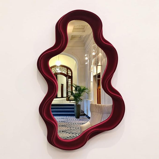 Mirror Wall Decor for Home Office Apartment, Asymmetrical Decorative Mirror for Entryway Porch Fireplace, Irregular Hanging Wall Art Sculpture for Christmas (Wine Red)