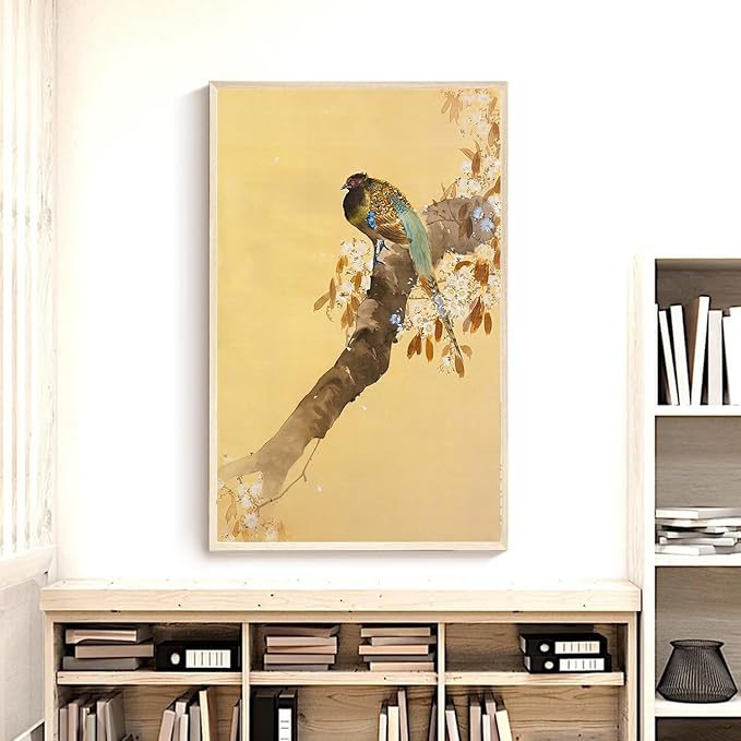 OZCONO Japanese Birds and Pine Trees Wall Art Print, Pink Sky Nature Scene, Gallery Quality Giclée Print, UV-Resistant Inks (14L x 11W)