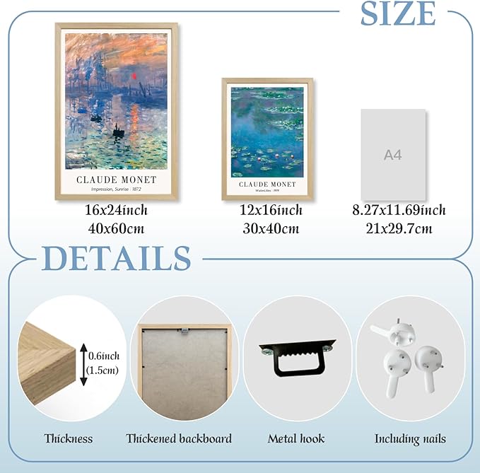 LLEEMPI Claude Monet Water Lilies Wall Art Set of 3, Maritime Sunrise Wall Decor, Vintage Aesthetic Botanical Canvas Prints, Classic Minimalist Poster Prints for Bedroom Office Wood Framed 12x16 Inch