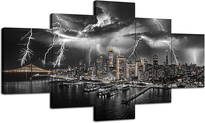 Cawpom Bay Bridge Picture Frame Wall Art San Francisco Skyline Wall Decor Lightning Strikes Cityscape Canvas Print California Black and White Painting Poster Home Living Room Decoration(60x32 inches)