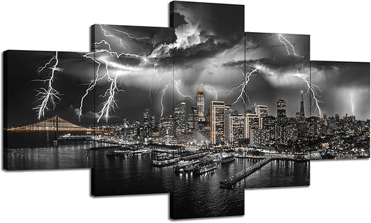 Cawpom Bay Bridge Picture Frame Wall Art San Francisco Skyline Wall Decor Lightning Strikes Cityscape Canvas Print California Black and White Painting Poster Home Living Room Decoration(60x32 inches)
