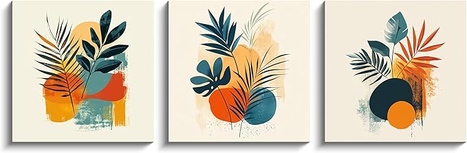 NAN Wind 3Pcs Tropical Leaf Wall Art Palm Frond and Foliage Canvas Print with Bold Orange Teal Yellow Shapes Mid-Century Modern Botanical Plant Pictures for Boho Living Room Bedroom Office Wall Decor