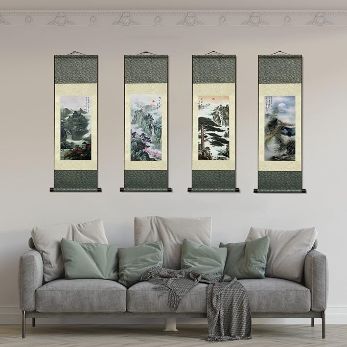 AtfArt 4 Pack Asian Wall Decor Silk Scroll Wall Art - Waterfall River Landscape - Beautiful Oriental Decor - Chinese Art Wall Scroll Hanging (4 Pack)