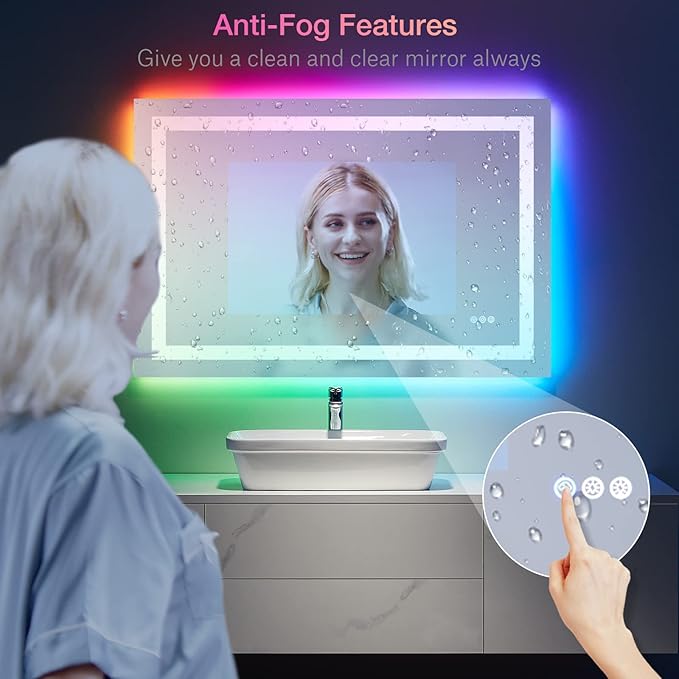 LOAAO 48"X40" LED Bathroom Mirror with Lights, Anti-Fog, Dimmable, RGB Backlit + Front Lighted, Bathroom Vanity Mirror for Wall, Memory Function, Waterproof, Tempered Glass