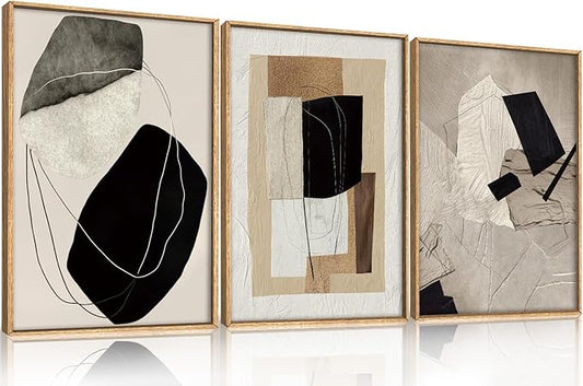 Abstract Modern Geometric Framed Canvas Wall Art Set,Neutral Tone Beige Black Brown Wall Decor,Minimalist Textured Line Shape Artwork for Living Room, Bedroom,Farmhouse-24 x36 x3