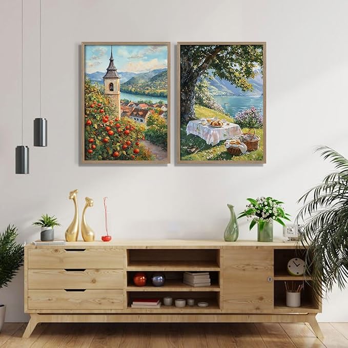 2 Pcs Wooden Framed Vintage Landscape Wall Art Pastoral Scenery Poster Countryside Scenery Artwork Canvas Print Lakeside Tree Shade Gallery Picture Living Room Bedroom Office Wall Decor 16x24 Inch