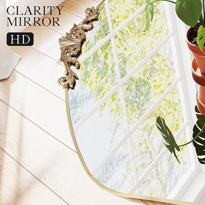 MISSDAY Vintage Retro Gold Baroque Mirror for Wall, 36"X30" Arched Antique Wall Mirror with Elegant Carving Top, Full Metal Frame Wall-Mounted Mirror for Bathroom, Living Room, Fireplace, Entryway