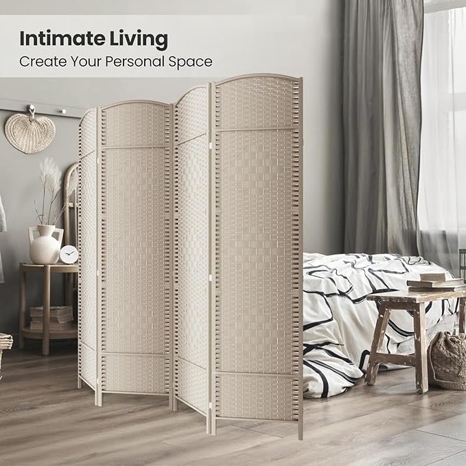 4 Panel Room Divider,6Ft Folding Privacy Screen,Tall - Extra Wide Foldable Panel Partition Wall Divider with Diamond Double-Weaved Hand-Woven Design Room Screen Divider