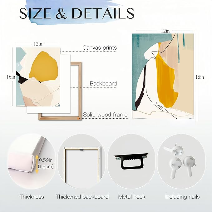 Abstract Wall Art Set of 3 – Modern Mid Century Canvas poster Prints with Geometric Shapes, Minimalist Yellow Teal Beige Artwork for Living Room, Bedroom, Office, Bathroom Wall Décor,Frame 12x16in