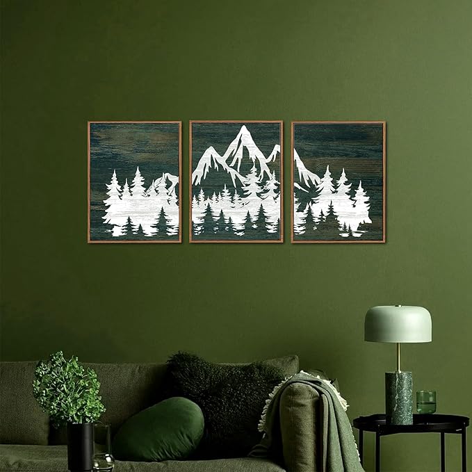 LHIUEM Framed Mountain Tree Canvas Wall Art Set of 3(12”X16”)Modern Greenery Forest Prints Abstract Country Mountain Rainier Wood Wall Picture Horizontal Long Wood Zen Artwork for Living Room Bedroom