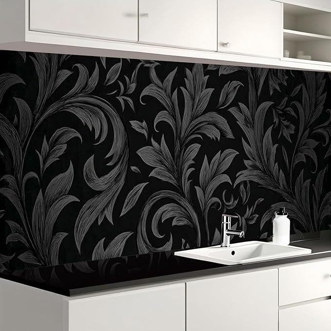 Nuxovilar Black Damask Floral Textured Peel and Stick Wallpaper, 15.75"x39.37", Self-Adhesive Contact Paper, Vintage Elegant Pattern for Bedroom, Living Room and Table Decor