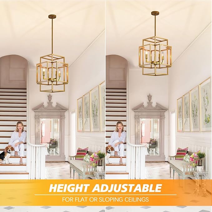 4-Light Modern Gold Chandelier, Farmhouse Dining Room Light Fixture, Industrial Ceiling Foyer Lighting Fixtures, for Kitchen Island Staircase Hallway Entryway