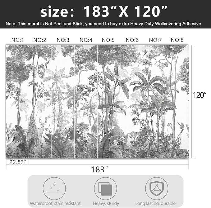-Grey Jungle Botanical Animal Banana Leaf Fabric Wallpaper Living Room Tropical Plant Forest Leaf Wallpaper Bedroom Bathroom Large Wall Mural- 183"x120"（ not Peel and Stick）