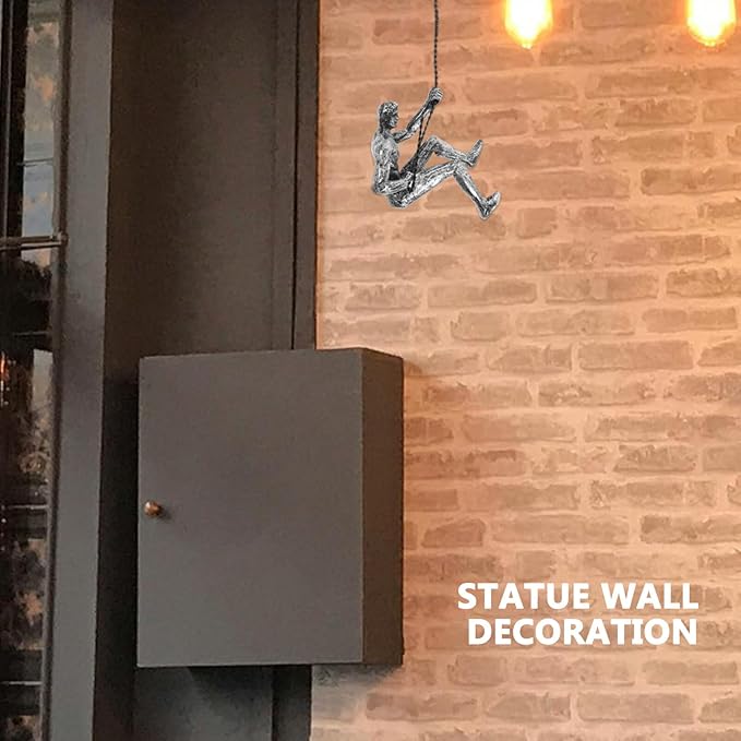 OSOLADY Vintage Resin Man Figurine Wall Sculpture Industrial Style Climbing Man Wall Hanging Decor for Living Bar Tv Background Artistic in Silver Right Hand